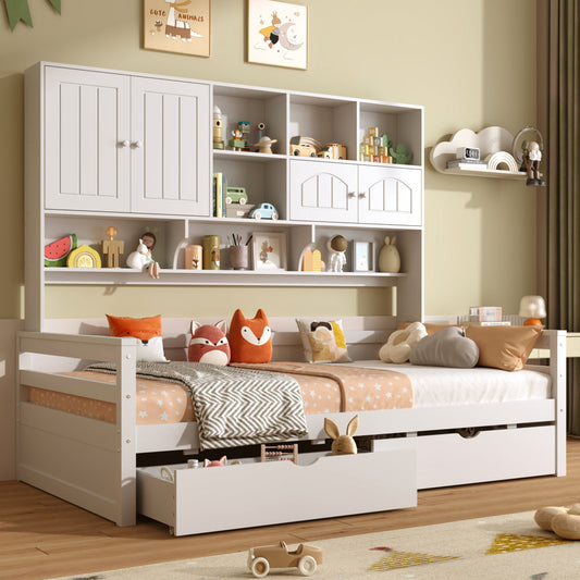3ft Single Bed With Two Storage Drawers And Bookcase Headboard, Wooden Bed Frame With Storage And Guardrail, Space-Saving Design For Bedroom, Dorm And Study Room, White  No Mattress