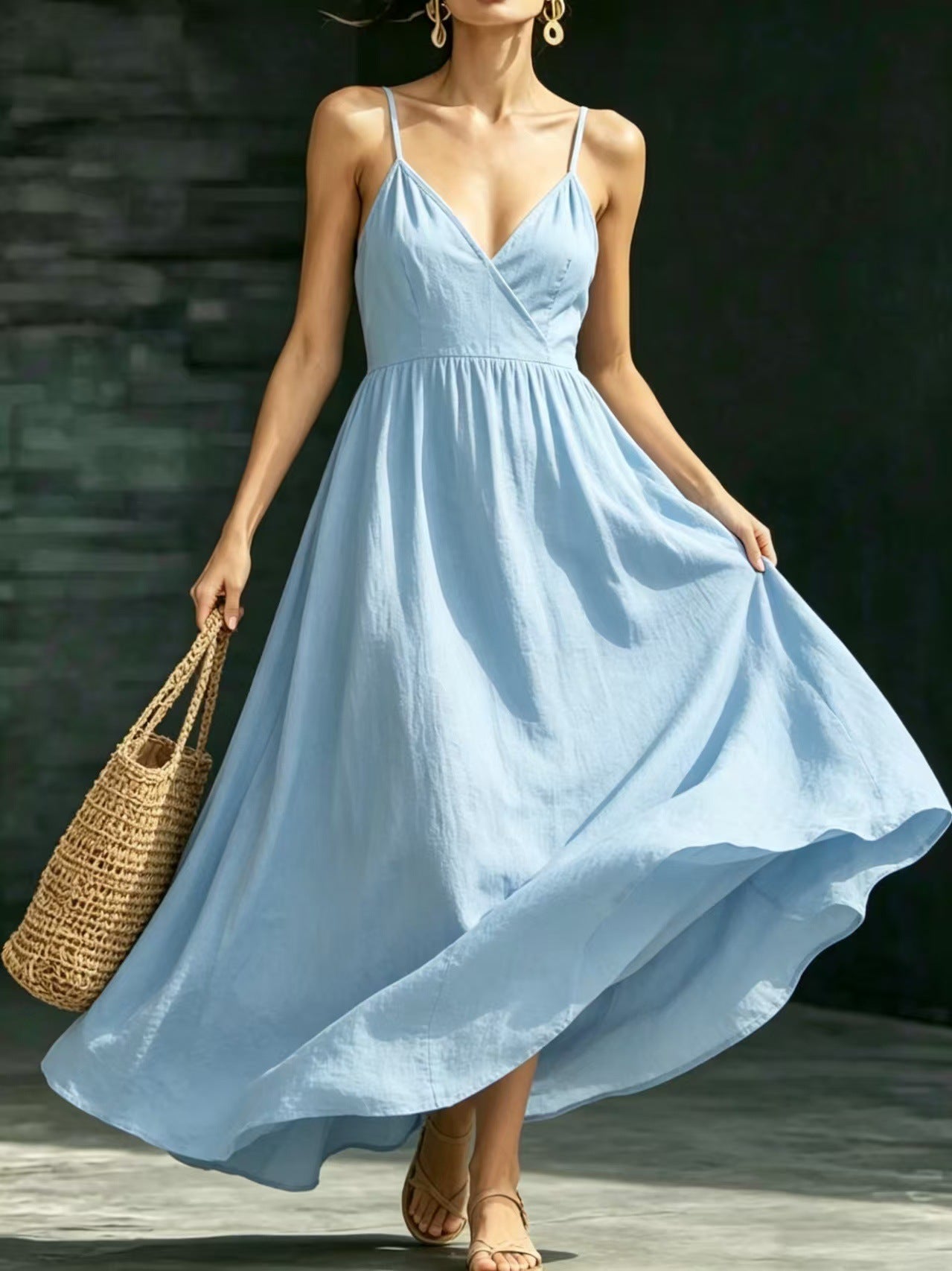 Summer V-Neck Spaghetti Strap Maxi Dress With Pockets - Elegant Vacation & Office Wear For Women