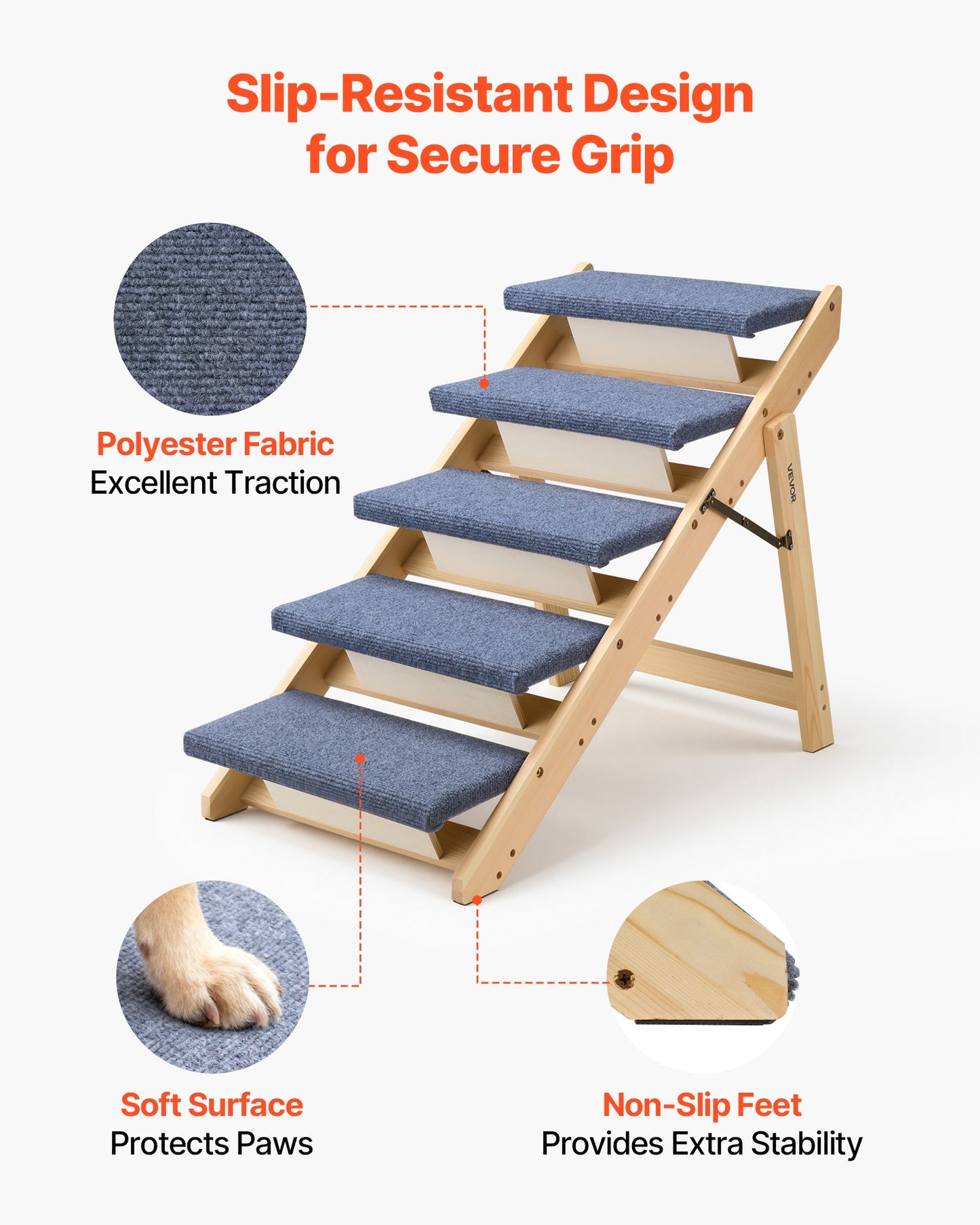 Wood Pet Stairs, 5-Step Dog Stairs For Beds, Sofa & Cars, 150lbs Load Capacity, Floded Flat Design, Stable & Sturdy Cat & Dog Step Ladder For Small Medium Large Older Pet Puppy Essentials