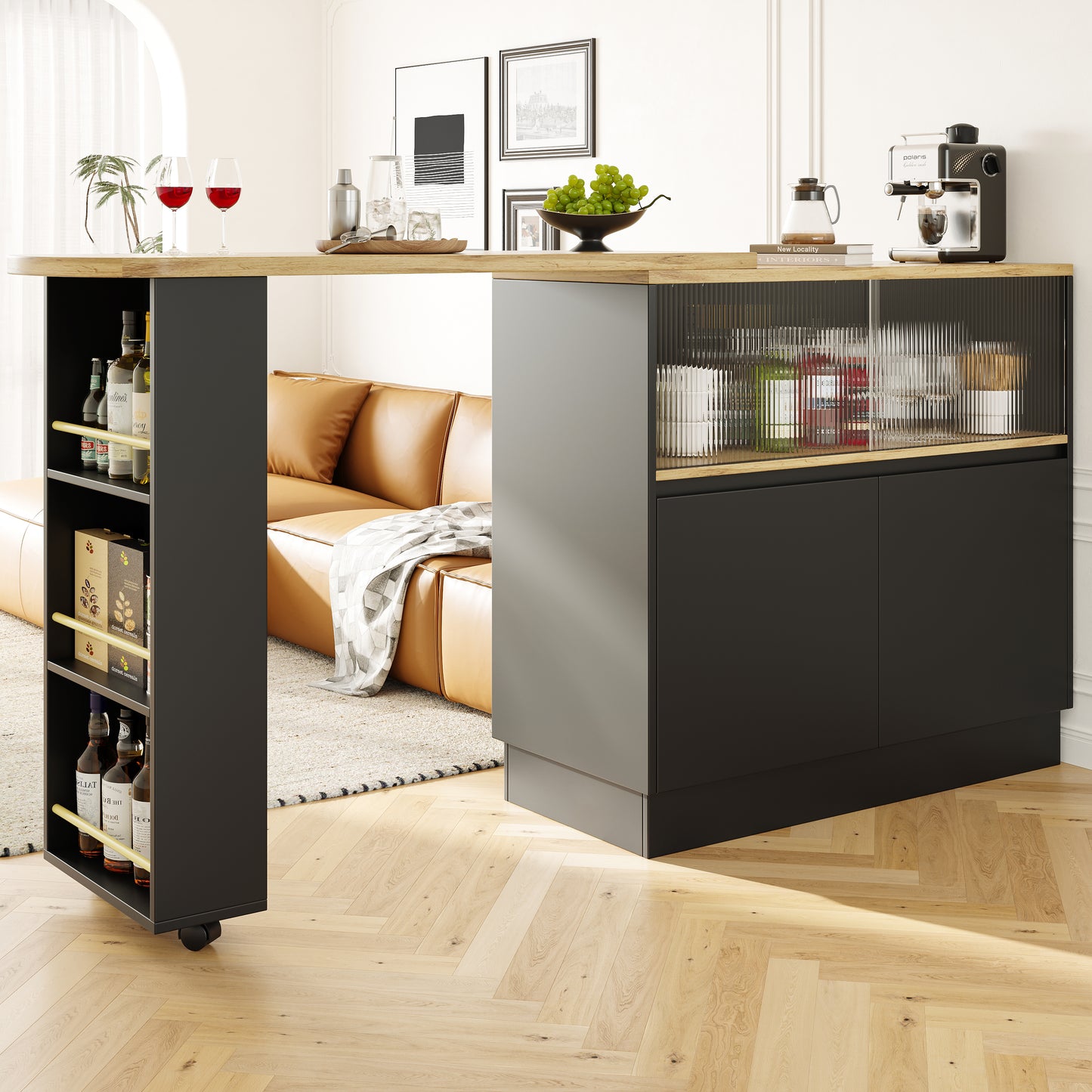 360 Swivelling Dining Bar  Main Body 90 X 45 X 100 Cm , Black, Modern, Simple, Multifunctional, Swivelling Sideboard With Shelves And Glass, Suitable For Kitchens And Restaurants