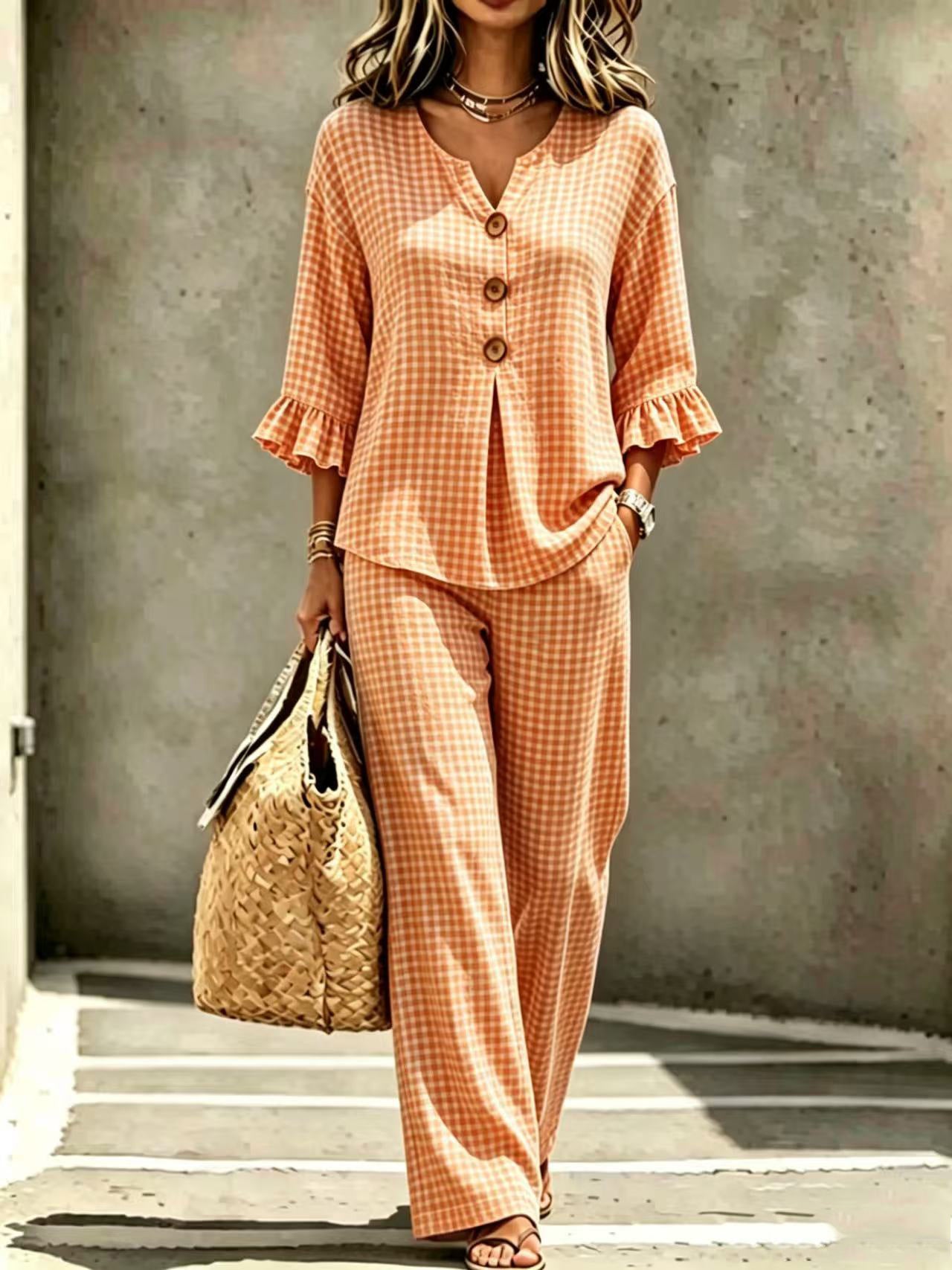 Womens New Casual Buttoned V-Neck Ruffled Hem Plaid Three-Quarter-Sleeve Top And Pants Set