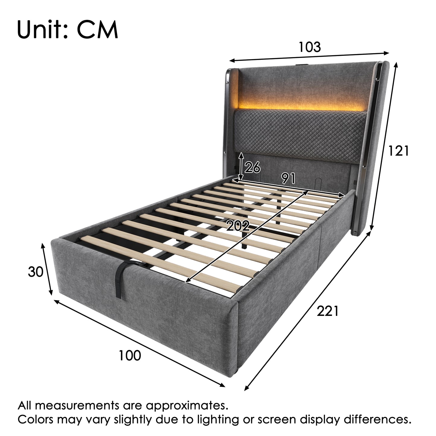 Modern Hydraulic Bed With High Headboard, 90x200cm Single Bed With LED Lighting, Storage Space & USB Type-C Ports, In Linen Look Grey  Without Mattress