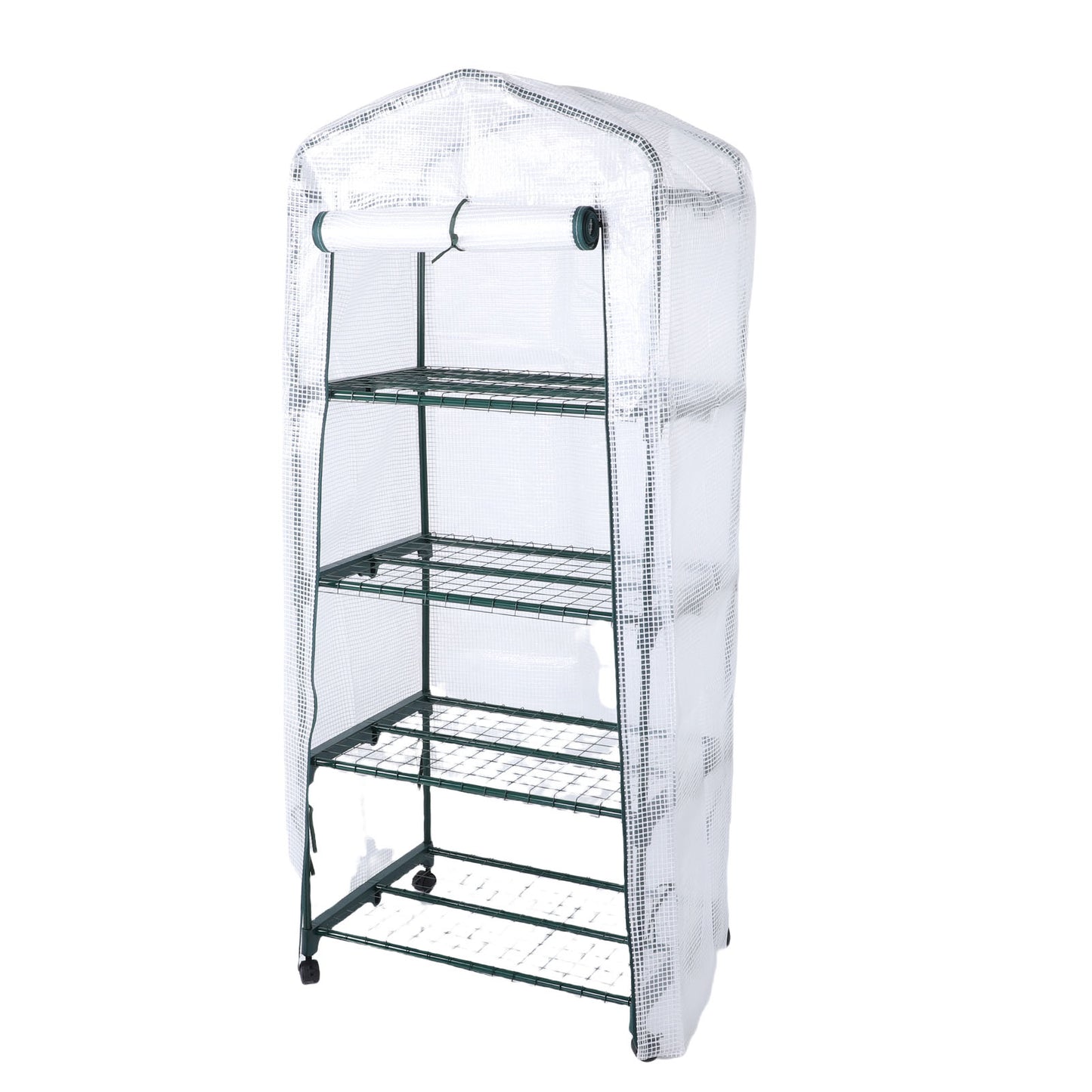 Greenhouse With PE Cover 360° Rotating Wheels Zippered Door Frost Proof 4 Tier Small Plants Green House For Indoor Outdoor White