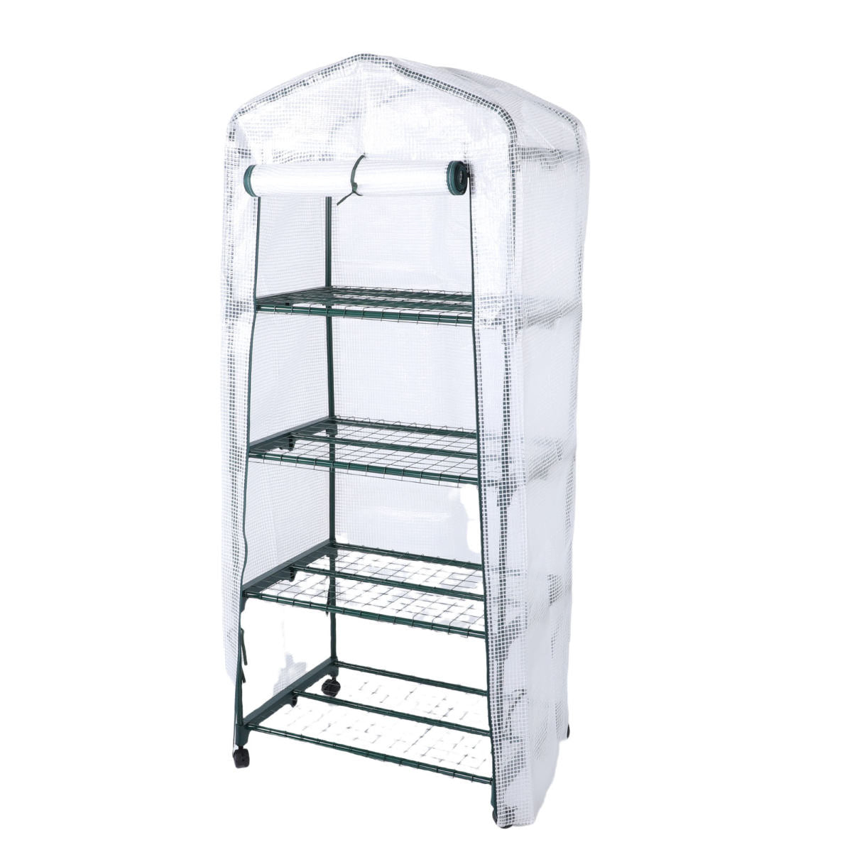 Greenhouse With PE Cover 360° Rotating Wheels Zippered Door Frost Proof 4 Tier Small Plants Green House For Indoor Outdoor White