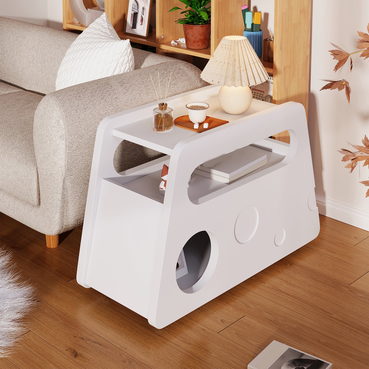 Sideboard, Modern White Side Table With Wheels, Safe Rounded Design  Mobile, Space-saving, Ideal For Living Room And Bedroom  81x33x51.5 Cm
