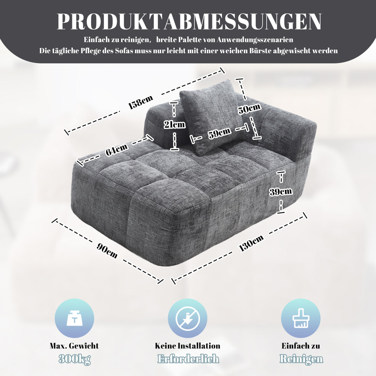 Comfortable Chaise Longue Sofa, No Assembly Required, Soft Sofa With Cushions, Side Pockets For Remote Control And Mobile Phone, Neat And Stylish,Grey