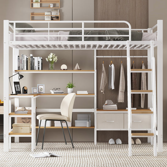 Iron Bed, Loft Bed, Including Two Fabric Storage Boxes, With Desk And Storage Shelf, Four-Story Inclined Staircase, Iron  MDF, White Natural, 90x200cm