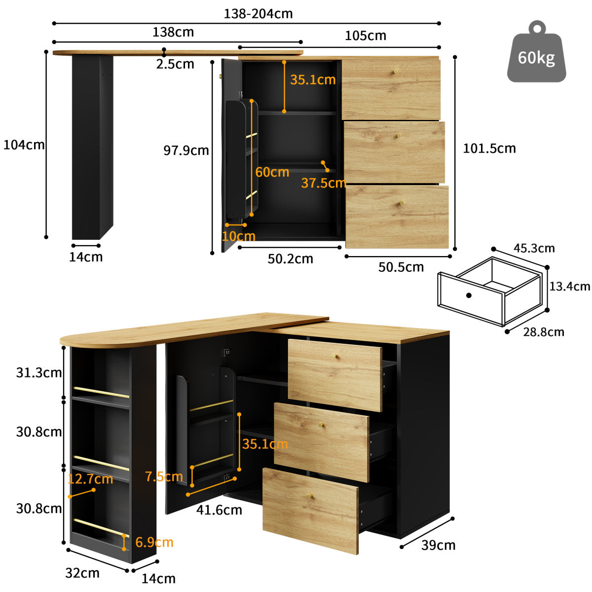 Extendable Bar Table With Storage Space 138-204 X 39 X 104 Cm, 360 Rotating Dining Bar, Modern Mobile Bar Table, High Table Kitchen Island Bistro Table, Sideboard With Wood Grain Finish