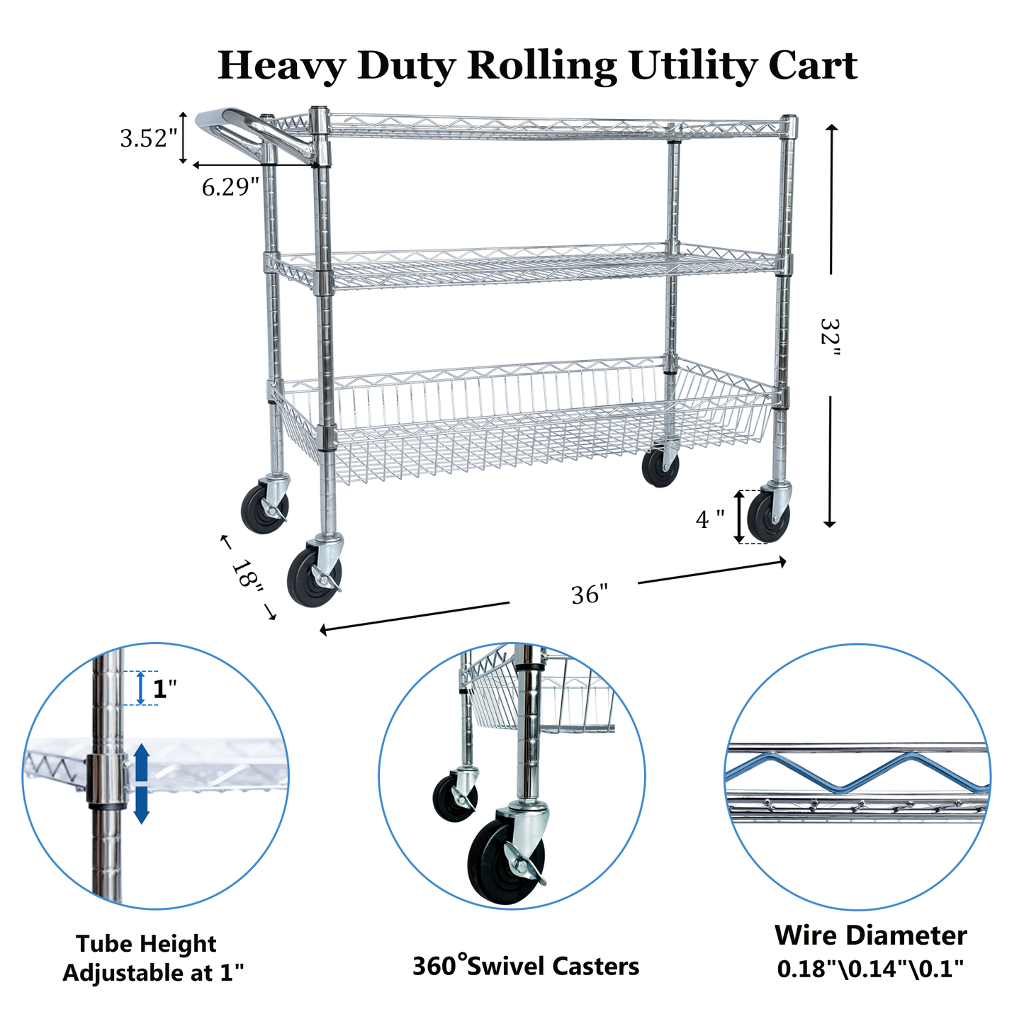 Heavy Duty Rolling Utility Cart,3 Tier Rolling Carts With Wheels,with Handle Bar & Shelf Liners,36inchx18inchx32inchStorage Cart For Kitchen,Restaurant,Plant Display,Chrome