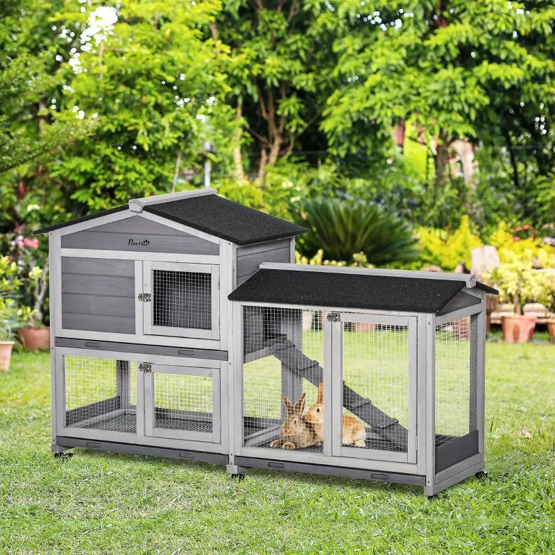 Wooden Mobile Rabbit Hutch With Wheels, Run Box, Slide-out Tray, Ramp