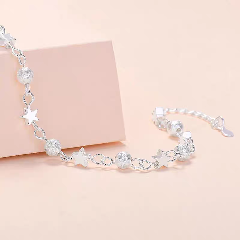 1pc 999 Sterling Silver Star & Frosted Bead Bracelet, Sweet Minimalist Style, Perfect For Daily Wear And Valentine's Gift
