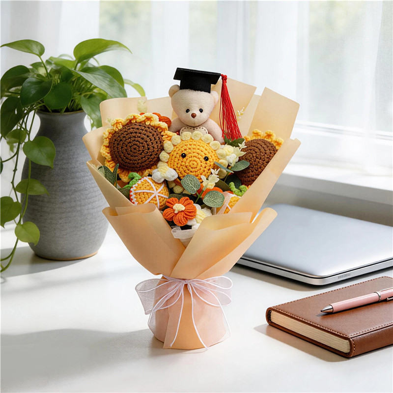 Graduation Handmade Crochet Bouquet, Knitted Sunflowers With Graduate Bear, Eternal Yarn Flower Gift For Graduation & Home Decoration