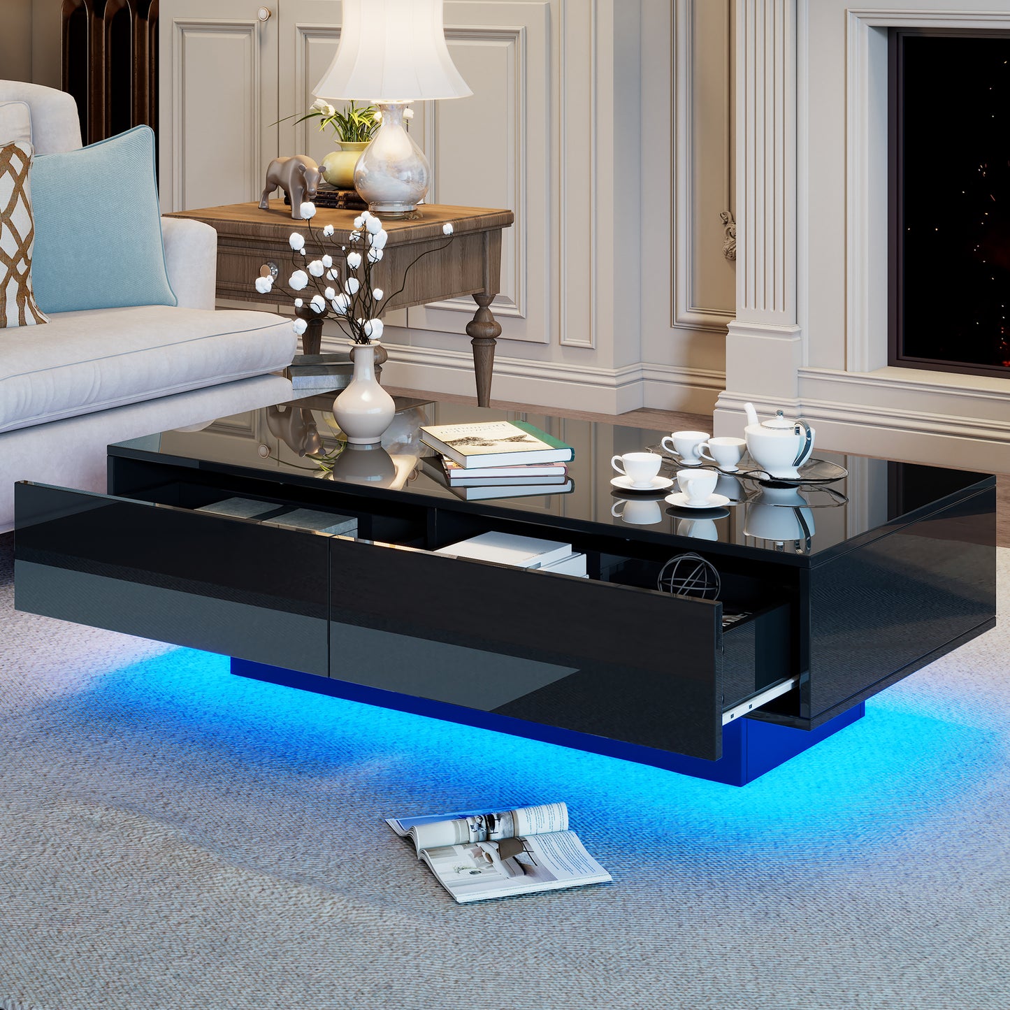 Modern Black Glossy Coffee Table, 115 X 55 X 34 Cm, With 2 Drawers, LED Lighting And 30 Kg Load Capacity - Elegant Living Room Coffee Table