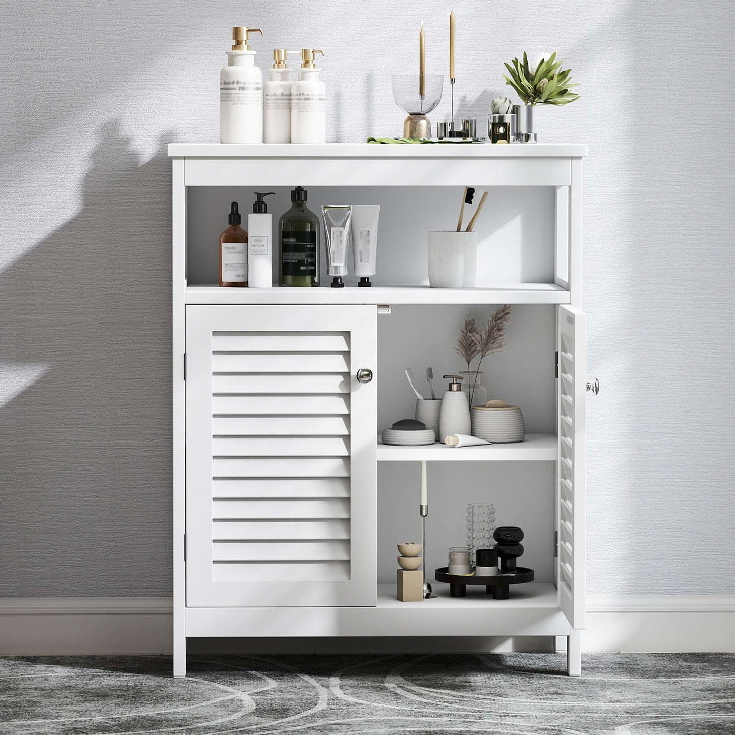 Bathroom Storage Cabinet White Water Proof Wooden Freestanding Cabinet With Removable Shelf Shutter Doors For Home Hotel White