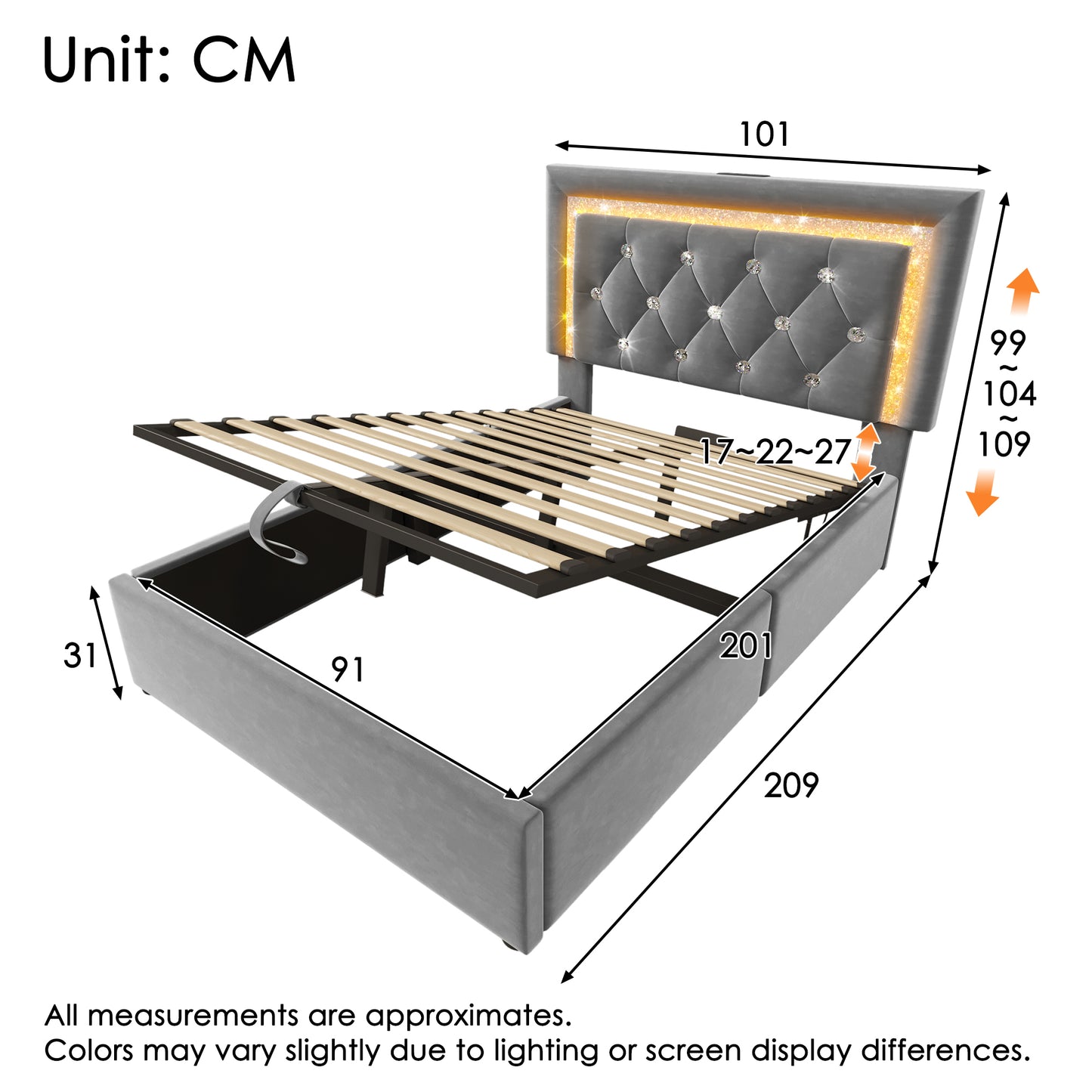 Upholstered Bed 90x200 Cm Velvet Single Bed With LED Diamond Band In The Headboard, USB & Type-C Charging Station, Hydraulic Bed Base With Storage Space, Modern Youth Bed With Slatted Frame, Grey