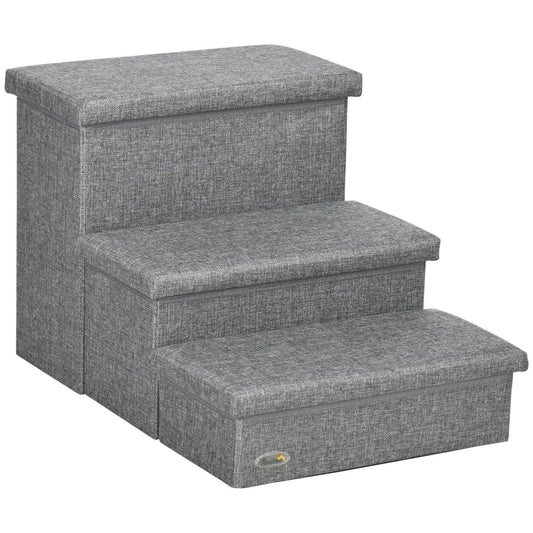 PawHut 3 Steps Pet Stairs, With Storage Boxes, For Bed, Couches - Grey