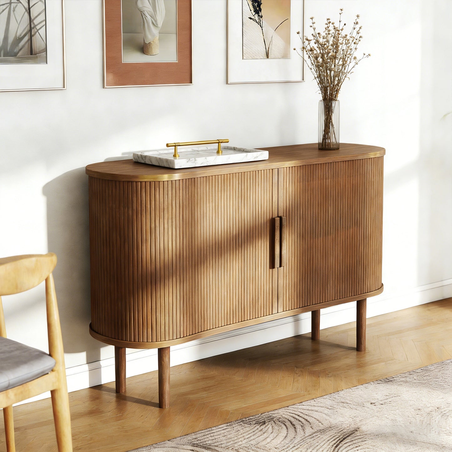 55in Storage Sideboard Modern Fluted Buffet Cabinet With Sliding Door And Solid Wood Legs For Kitchen Living Room Bedroom