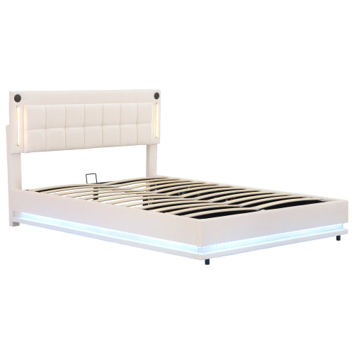 4ft6 Double LED Hydraulic Bed With Charging Station, Adjustable Square Tufted Headboard With Intelligent Control Light, Soft Velvet Bed Frame With USB And Type - C Ports, Beige