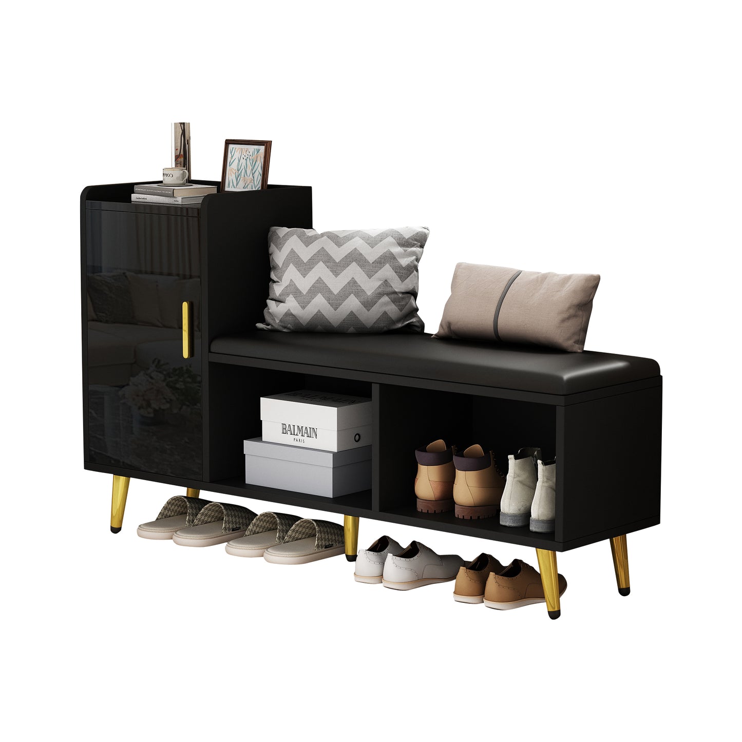N625P235824B  Black High-gloss Cabinet Door With Storage Entrance Shoe Cabinet, Multi-level Shelf With Upholstered Seat, Shoe Changing Bench With Cabinet Gold Accessories For Entrance, Hallway, Bedr