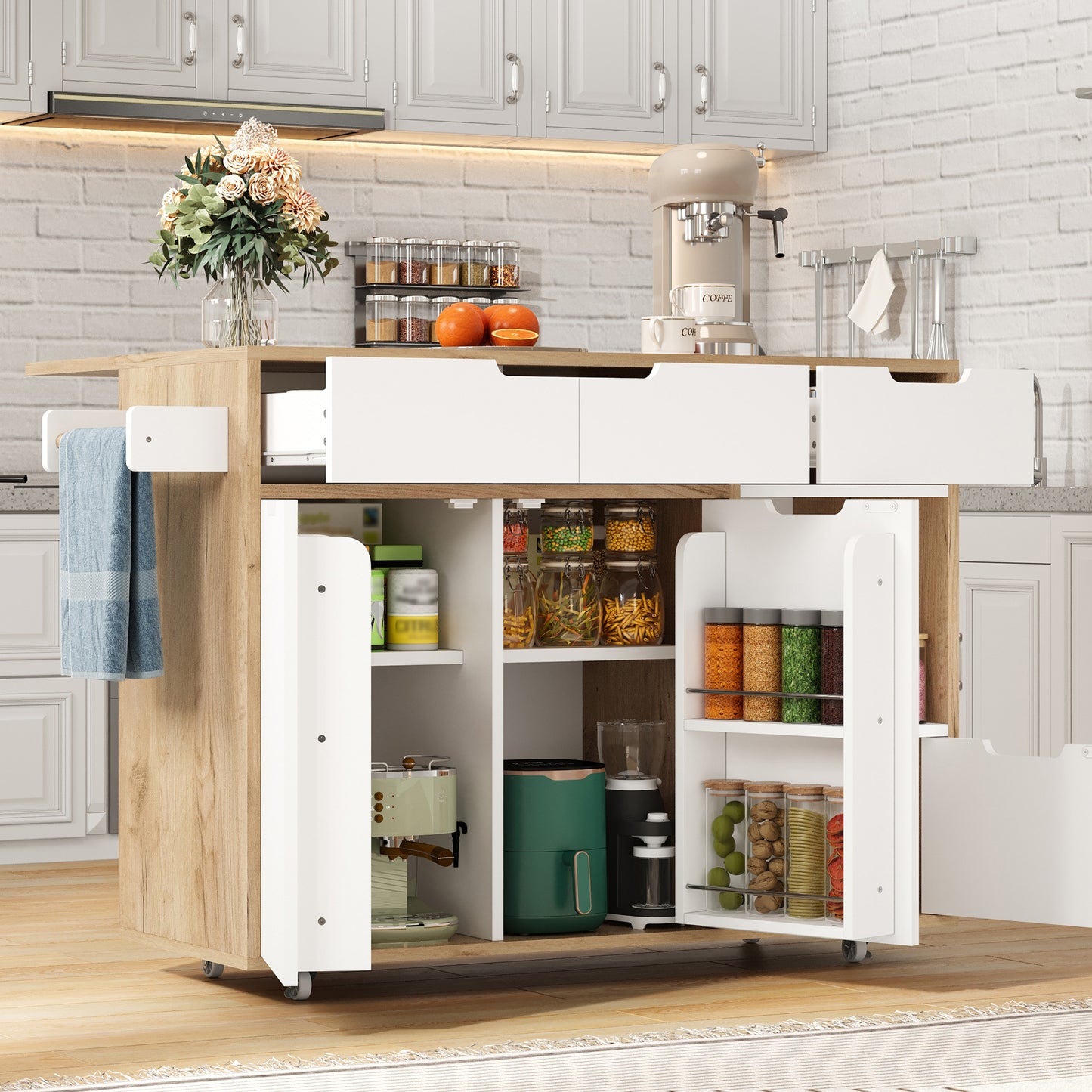 Modern Serving Trolley With 360 Swivel Castors.Intelligent Layout With Drawers, Cupboard Doors And Open Compartments.Flush Handles And Robust Construction   Ideal For Kitchen, Living Room