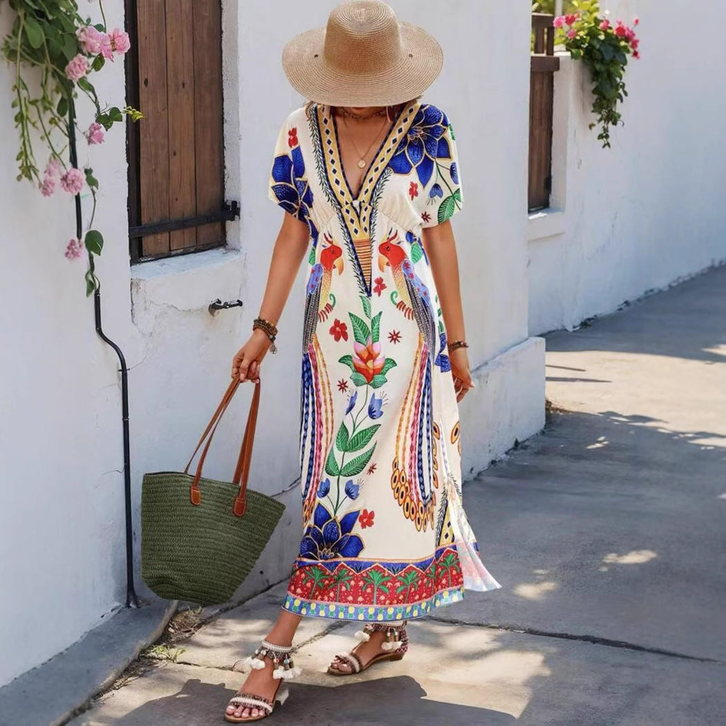 New Seasonal V-neck Printed Fashionable Loose-fit Short-sleeve Maxi Dress