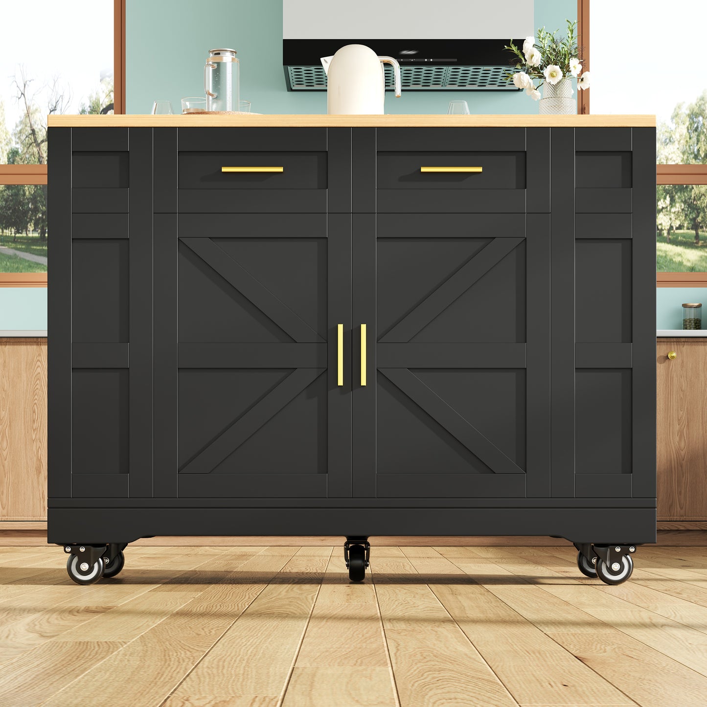 Modern Kitchen Island, Kitchen Cabinet, Buffet Cabinet, Wooden Grain Dining Cart, Buffet Cabinet, Multifunctional Dining Table With Storage Space, Dining Cart With Stretch Function Cabinets, Black