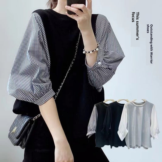 Japanese And Korean Women's Summer Color-blocked Loose Round-neck Top
