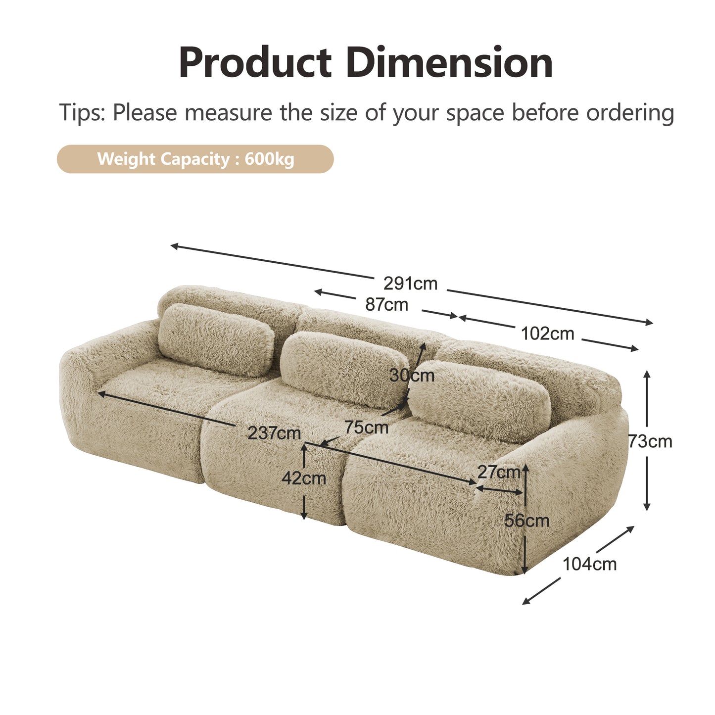 3-seater Low Sofa, Premium Plush Fabric, Modular, Non-slip Floor, No Assembly, With Cushions. Ergonomic Support, High-resilience Foam, Suitable For Living Room, Light Khaki