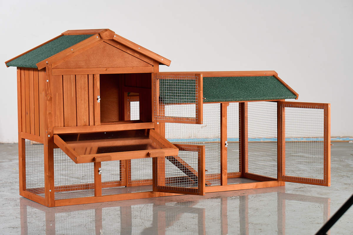 Large Wooden Rabbit Hutch, 2-Story Outdoor Bunny Cage With Waterproof Asphalt Roof, Pull-Out Tray & Ramp, Fir Wood Pet House For Rabbits, Chickens, Guinea Pigs Brown & Green