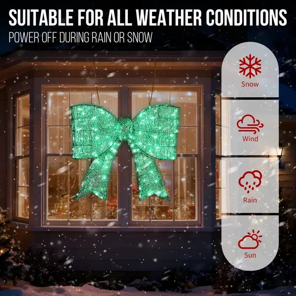 Pre-lit Outdoor Giant Bowknot Christmas Decoration, Lighted Metal Frame With 124 Green LED Lights, For Front Door Gate Wall Indoor Outdoor Holiday Party, Green