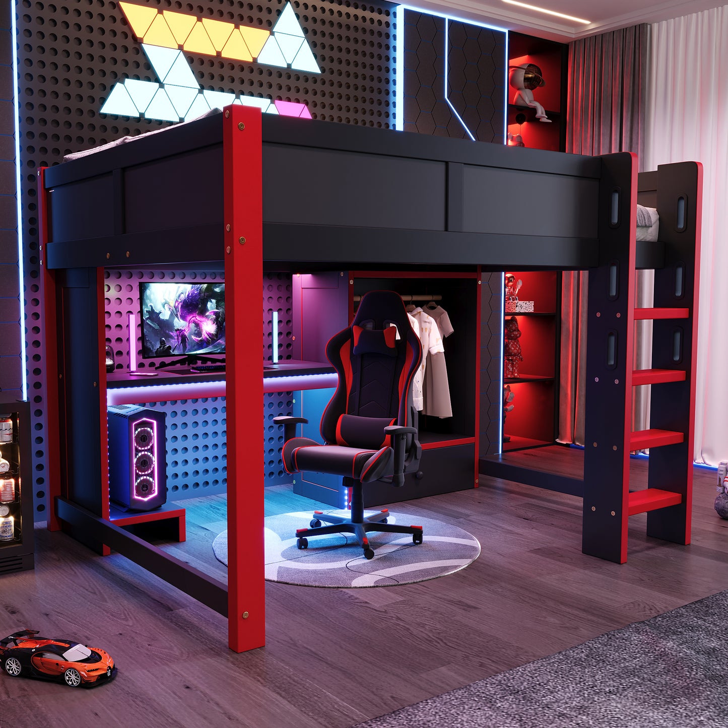 Loft Bed, 140x200 Cm, With LED Lighting, Gaming Bed With Desk, Desk, Ladder, Wardrobe, Large Drawers, Mattress Not Included, Black  Red