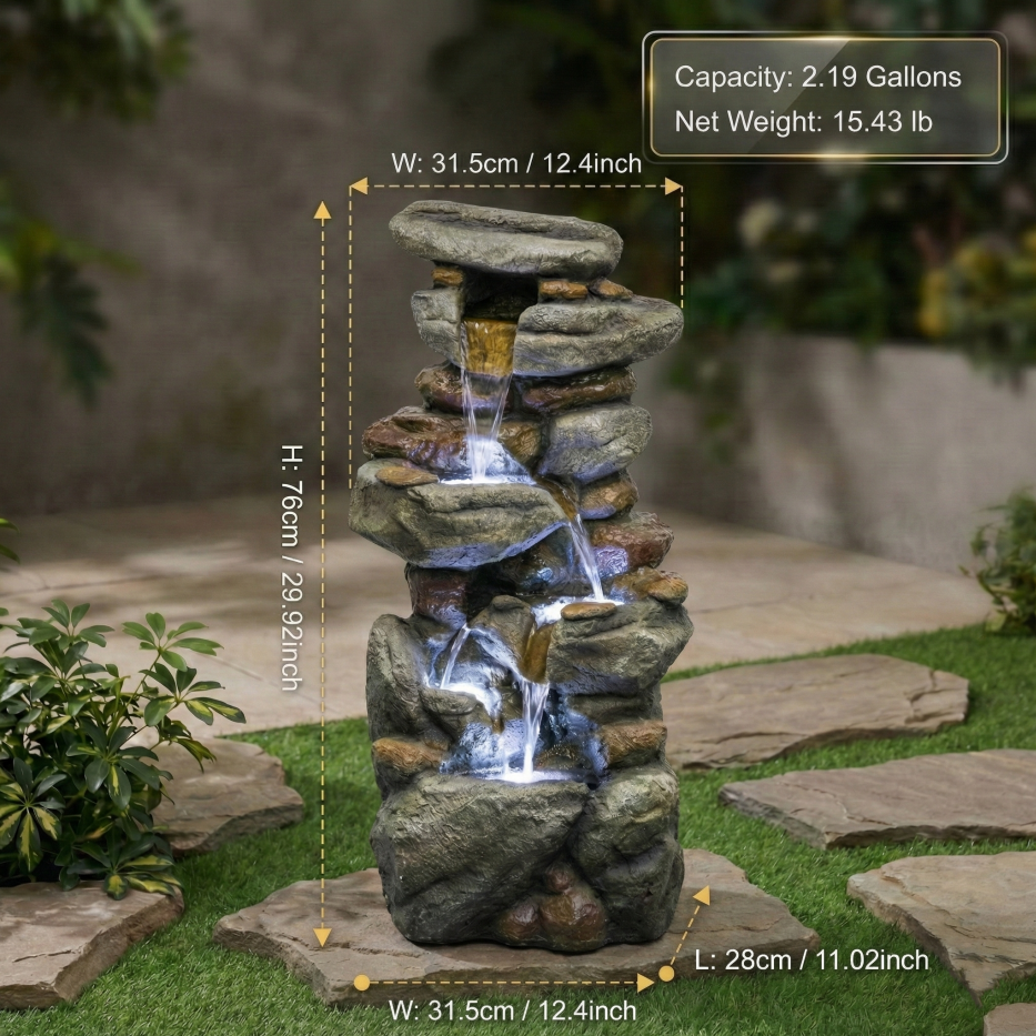 Outdoor Water Fountain Large - Stone Fountains With LED Light For Patio Yard Garden Backyard Decking Outdoor Or Entryway Decor 30inch