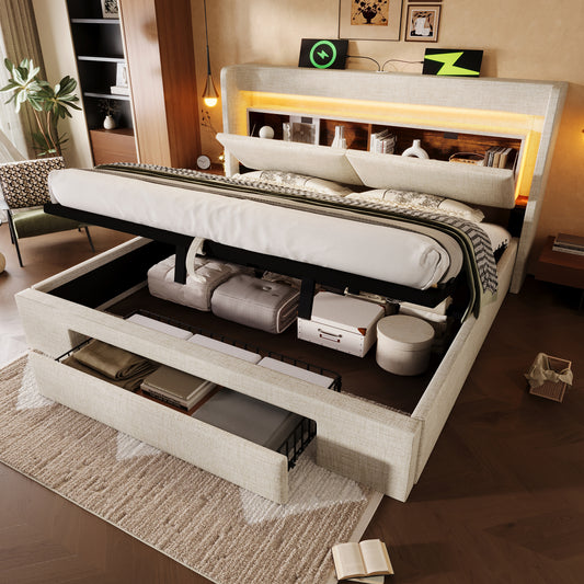 Upholstered Bed 160x200 Cm With Hydraulic Storage And Headboard With Storage Compartment, LED Lighting And USB & USB-C Port, Wooden Slatted Bed Frame, Beige, Linen, Without Mattress