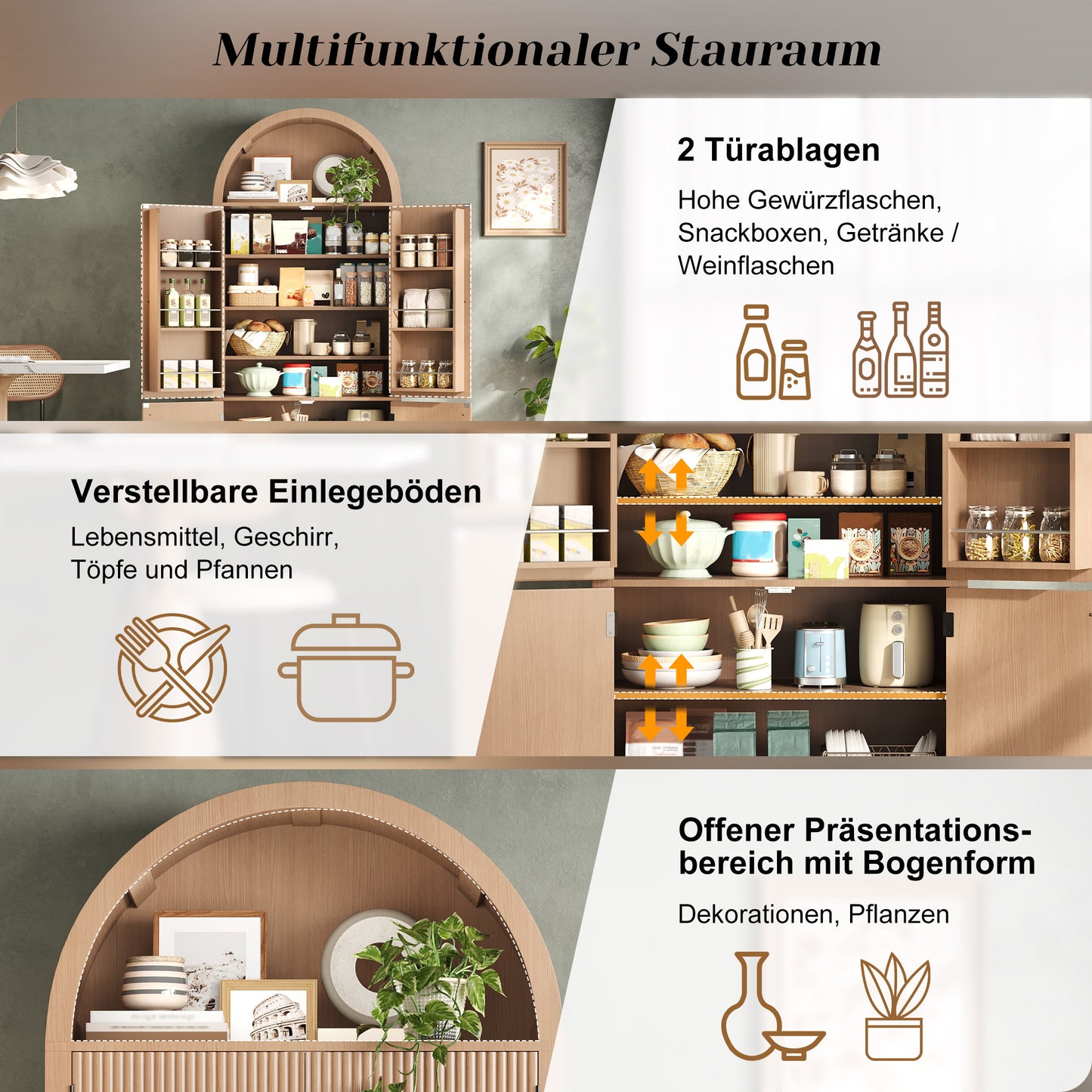 Arched Cabinet 180 X80 X40 Cm, Kitchen Cabinet, Display Cabinet, Wine Cabinet With Door Shelves And Open Upper Compartment, For Kitchen, Dining Room, Living Room, Bedroom, Wood Look