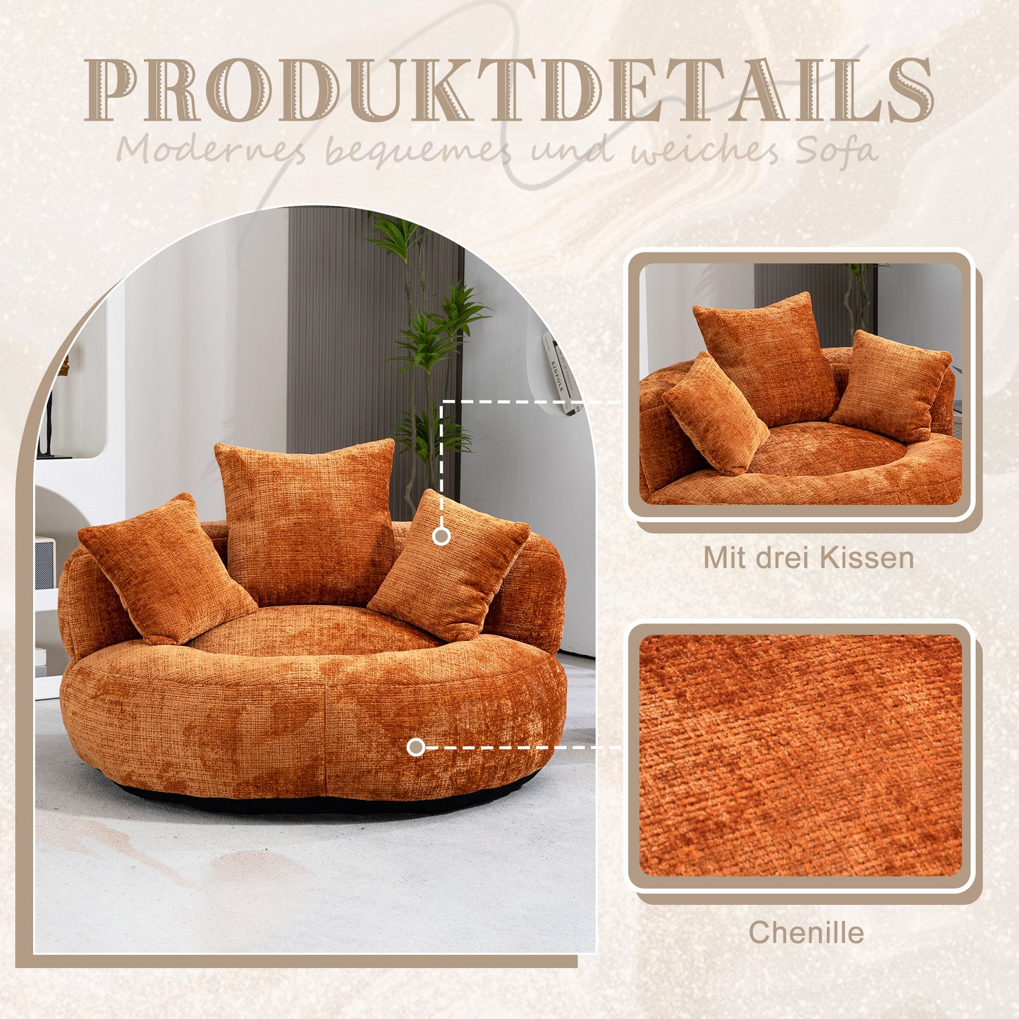 Lazy Sofa Durable Comfort Lounger High Back Bean Bag Chair Couch With Three Cushions For Adults And Kids, Indoor & Outdoor, Single Gaming Sofa Chair For Bedroom, Office  Orange Chenille