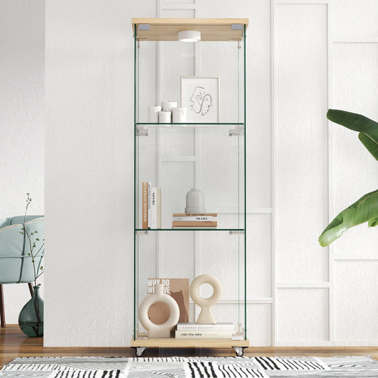 Modern Glass Display Case With LED Lighting,Display Cabinet,Tempered Glass Bookcase,Suitable For Living Room And Bedroom, Single Door Three-Tier Design, Natural Wood Look-H120 W42.5 D36.5cm