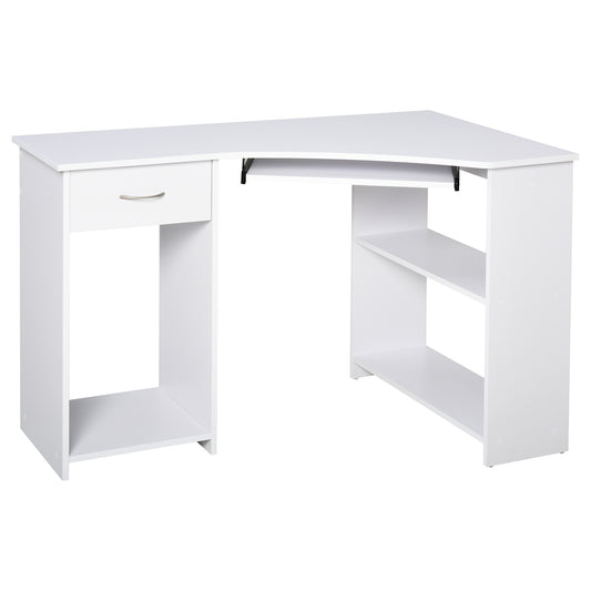 L-Shaped Corner Computer Desk W/ 2 Shelves Wide Worktop Keyboard Tray Drawer & CPU Stand Home Office Study Bedroom Furniture White