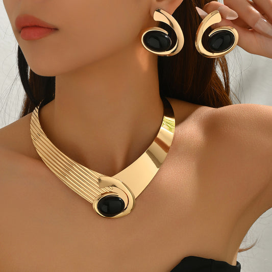 2026 New Arrival Cross-Border European American Jewelry For Women, Geometric Gemstone Inlaid Exaggerated Necklace & Matching Earrings, Versatile Fashion Ear Neck Jewelry Set