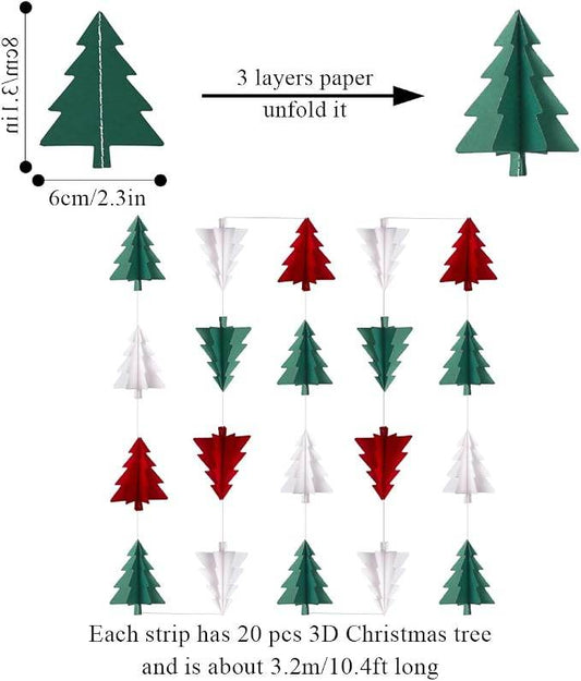 2 Pcs 3D Christmas Tree Paper Streamers, Red White Green Hanging Banner Garland For Holiday Party, Home, Wall And Tree Decor