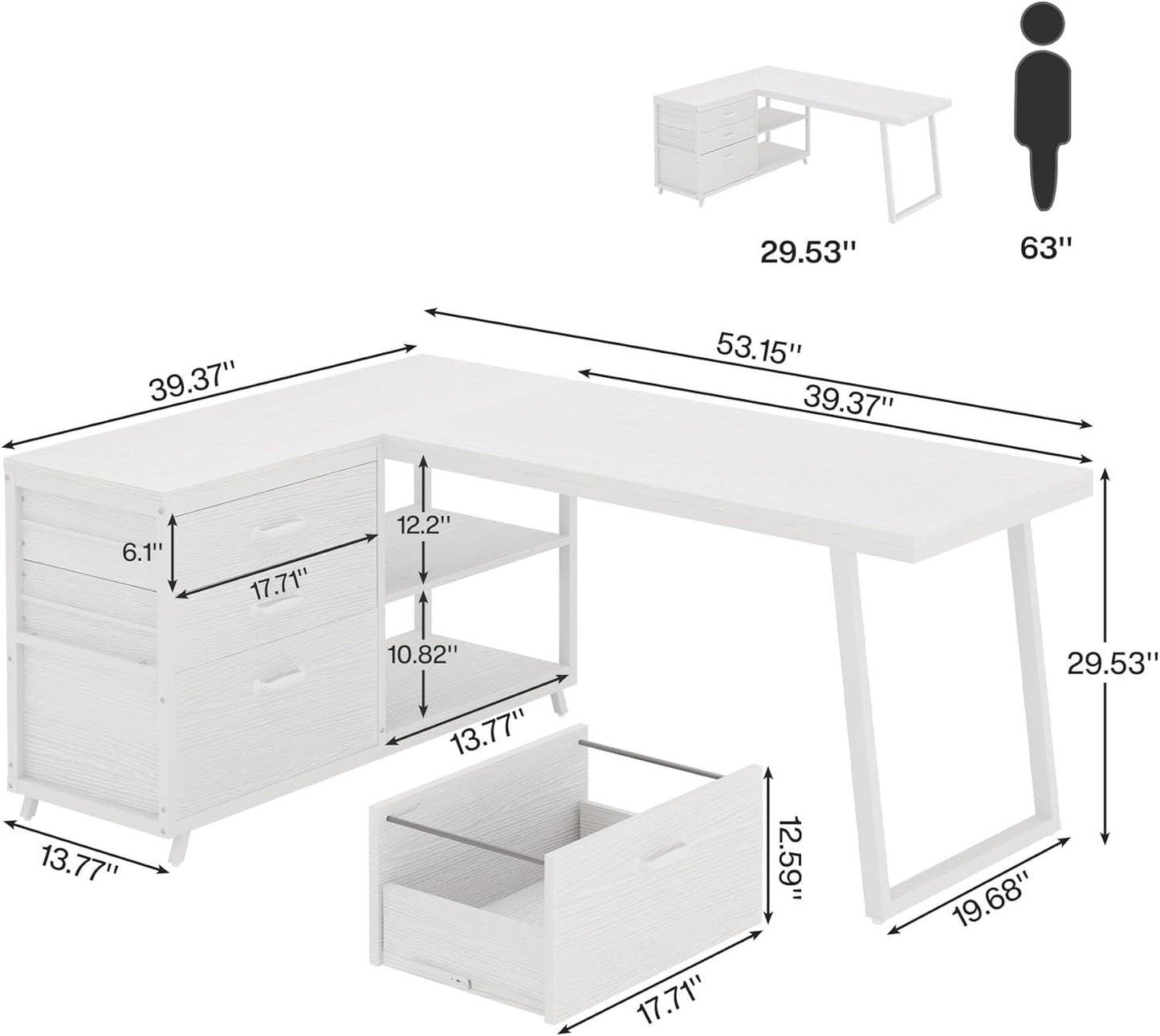 L-Shaped Desk With 3 Drawers, Reversible Corner Home Office Computer Desk With Shelves, 53-Inch Industrial PC Desk Study Writing Table