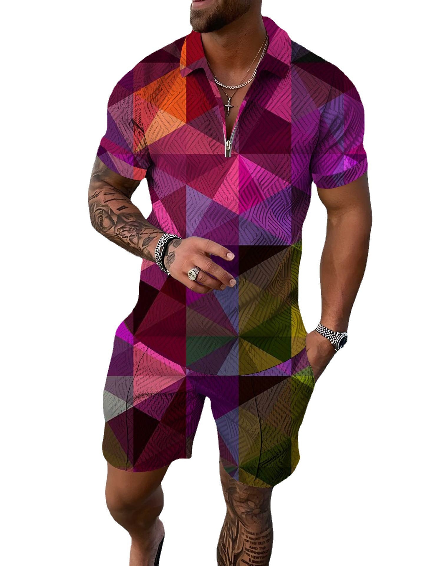 Fashion Zipper Polo Shirt Suit Men's Casual 3D Printed Polo Shirt Shorts