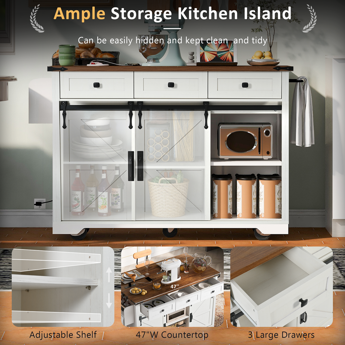K&K 53.7  Farmhouse Kitchen Island With Power Outlet, 2 Sliding Barn Door Kitchen Storage Island With Drop Leaf, Spice Rack Rolling Kitchen Cart On Wheels, For Home, Kitchen And Dining Room, White