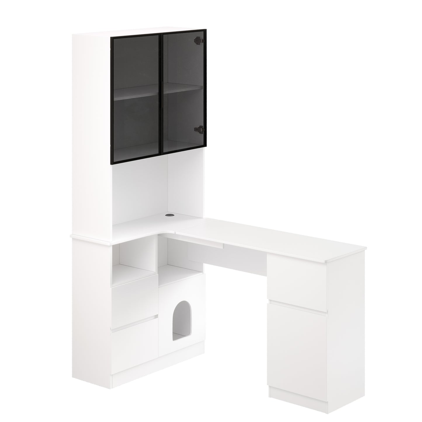 Corner Desk With Shelf And LED Display Cabinet 120x80x180 Cm- Desk With Cable Outlet, 3 Drawers, 2 Doors, Open Compartments & Pet Compartment, A Corner Desk With Built-in Bookshelf