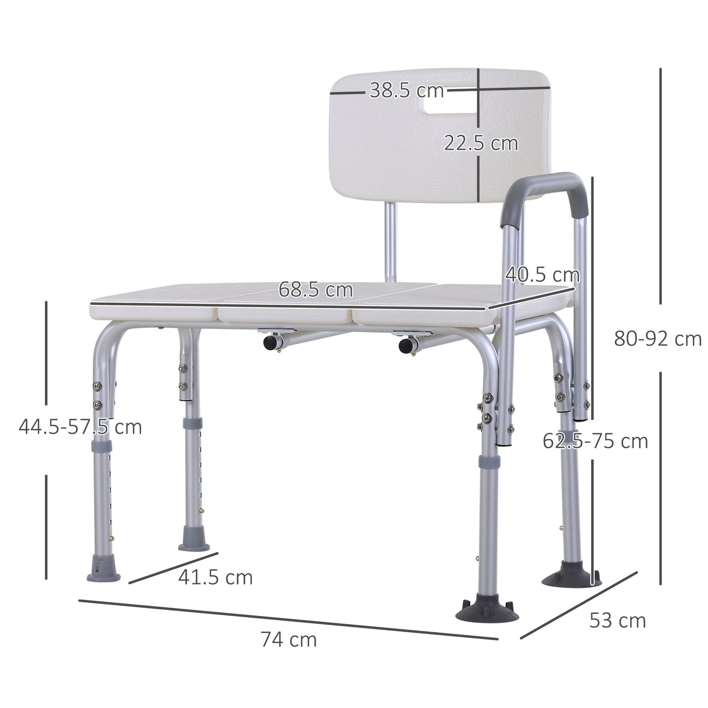 Height Adjustable Shower Chair, Non Slip Bath Transfer Bench For Elderly, Disabled With Armrest And Backrest, 300 Lbs Capacity, White