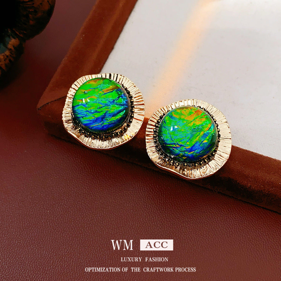 Vintage Fashion Round Resin Stud Earrings - Light Luxury Palace Style, S925 Silver Needle, Premium Niche Jewelry For Women