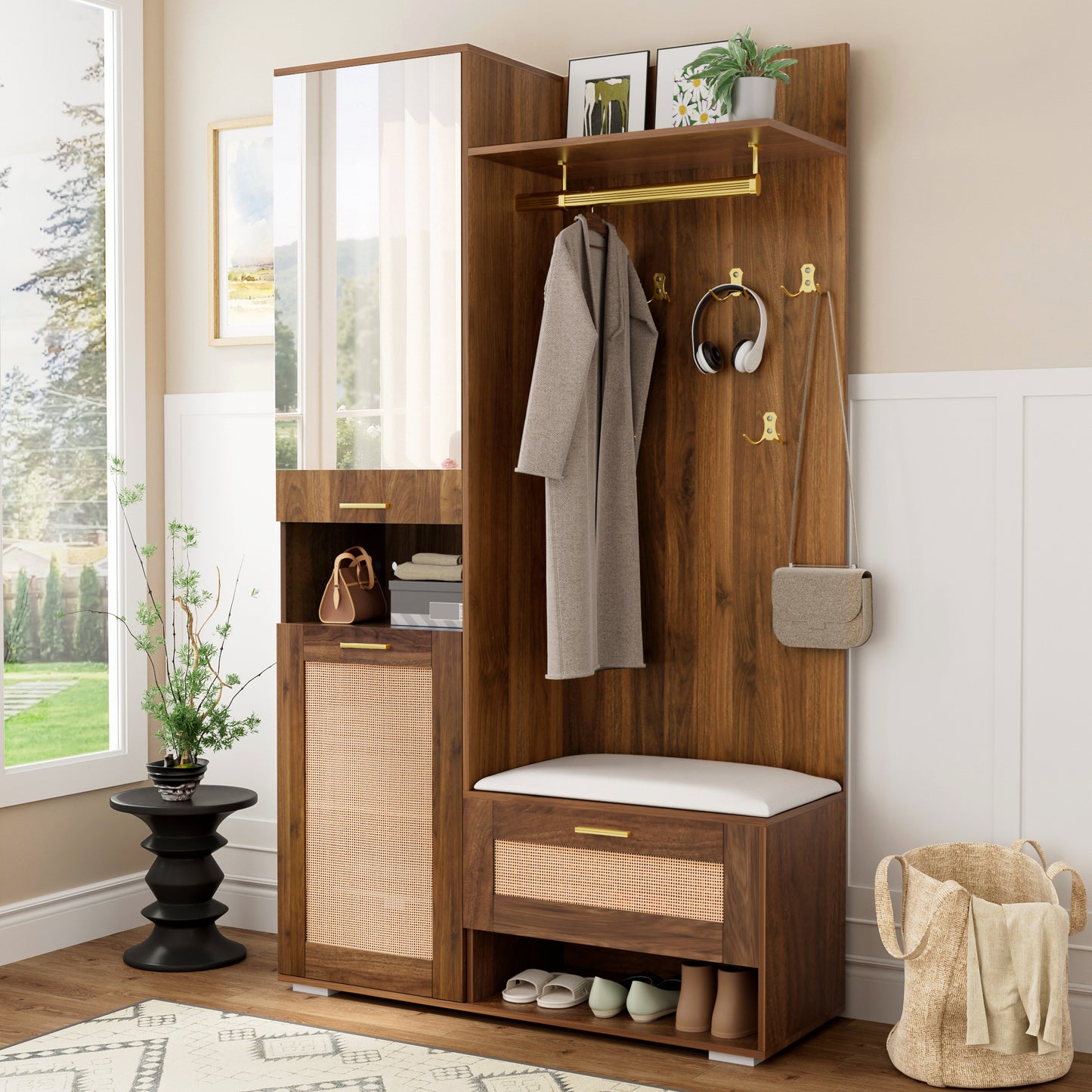 Wardrobe Set, Wardrobe Set With Mirror, 6 Golden Coat Hooks, Shoe Cabinet, Wall Coat Rack, Upper Storage Compartment, Bench Seat And 16-colour LED Lighting