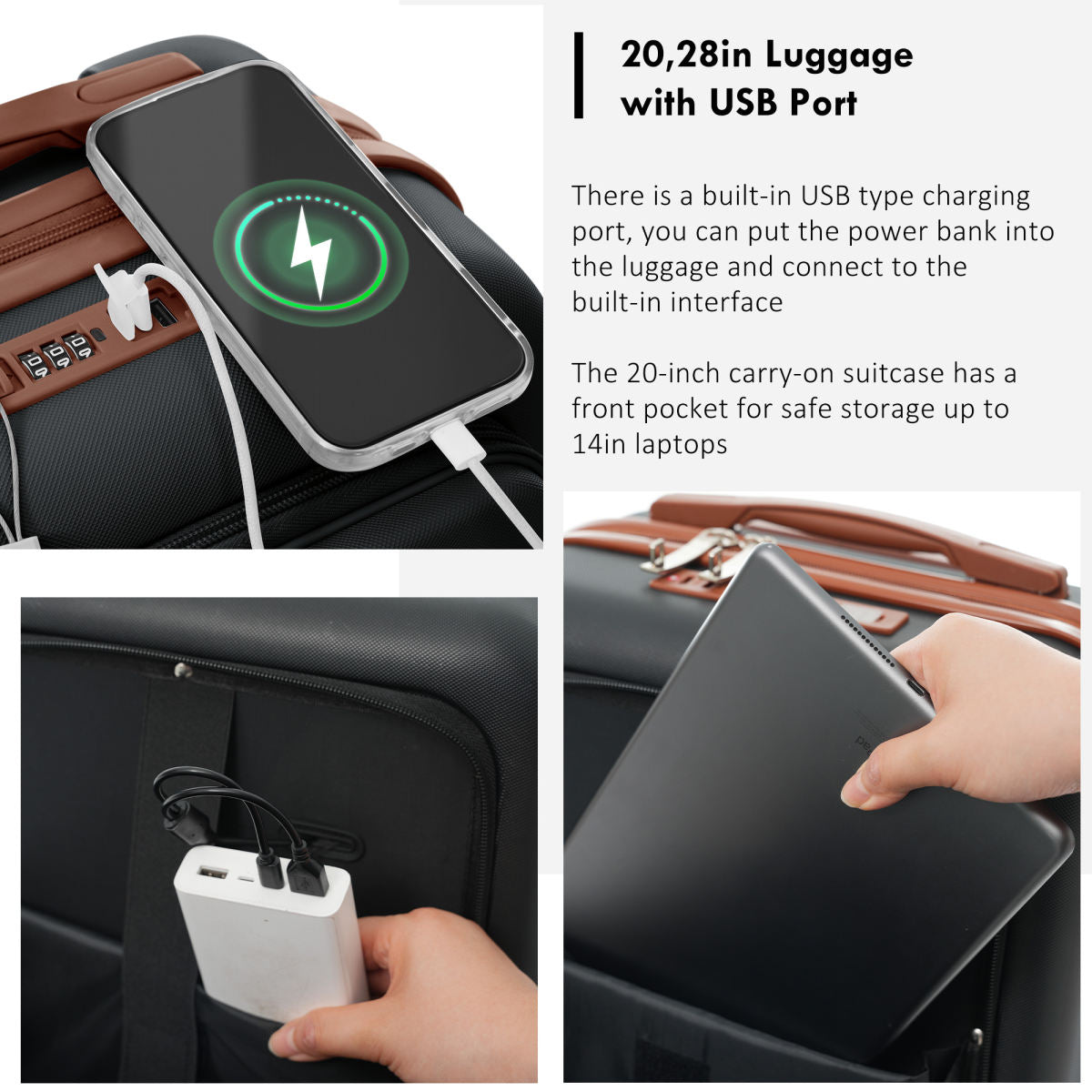 4-Piece Luggage Set with USB Charging Ports - 20in Carry-On (Front-Opening for Laptop) 28in Checked Suitcase with TSA Lock Travel Duffel Bag Wet-Dry Toiletry Bag, black and brown