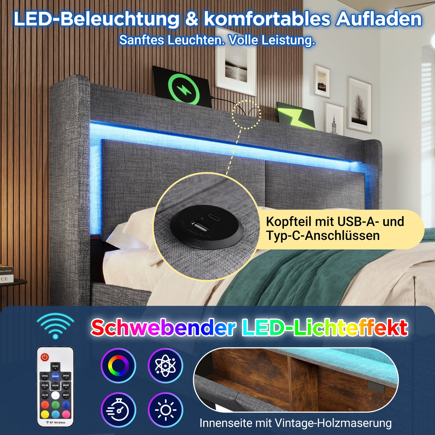 Upholstered Bed 160x200 Cm With Hydraulic Storage And Headboard With Storage Compartment, LED Lighting And USB & USB-C Port, Wooden Slatted Bed Frame, Grey, Linen, Without Mattress