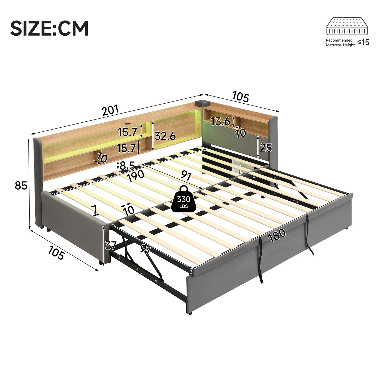 Upholstered Bed, Daybed With Pull Out Trundle, 3FT Single Bed 90x190cm, Daybed Sofa Bed, With Charging Port, LED Strip, With Storage Space, Easy Assembly, Velvet, Grey   No Mattress