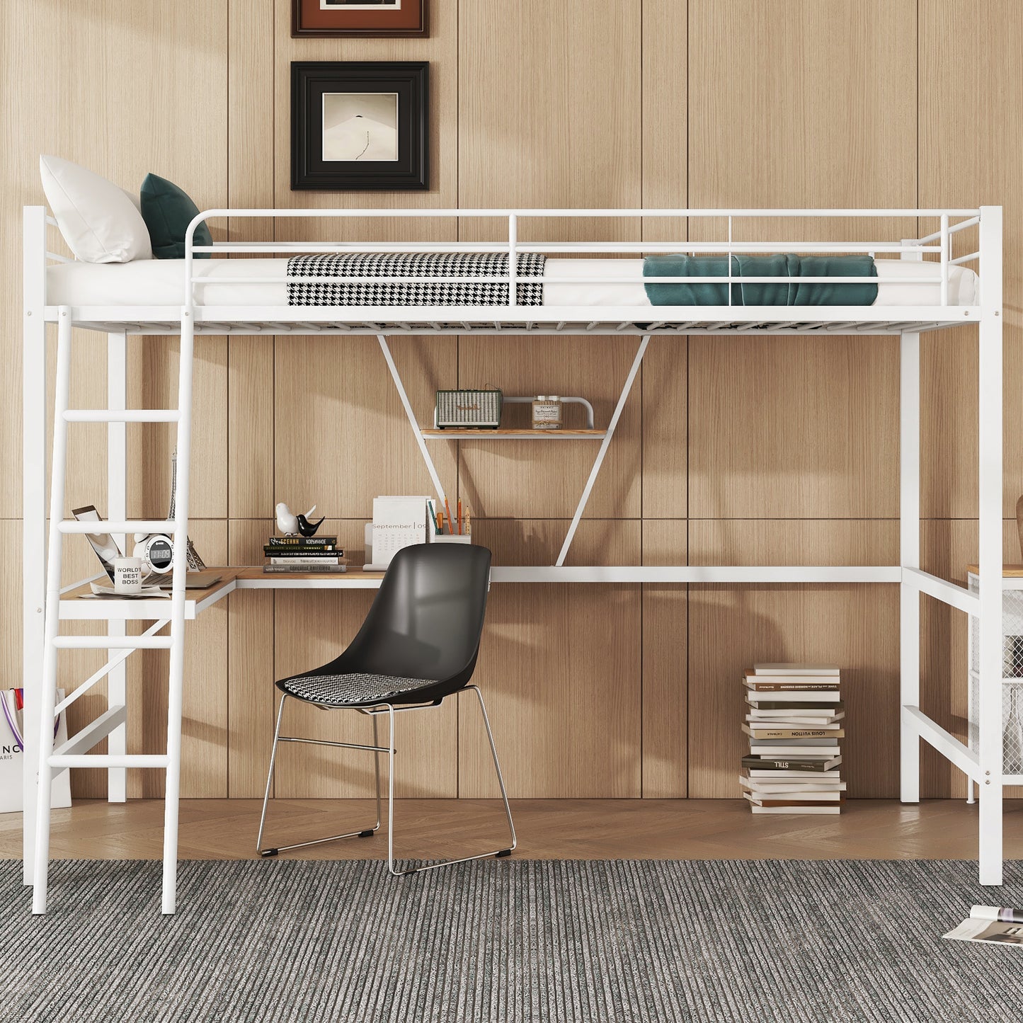 Loft Bed, 90x200cm Bed Frame Metal Bed, Iron Bed, Loft Bed With L-Shaped Desk And A Shelf For Children, Teenagers And Adults, Without Mattress, White